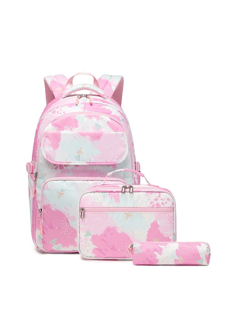 Inkjet Painting Graffiti Backpack for Girls, Contrasting Color Printing, Elementary School Student Backpack, Lightweight Waterproof Backpack 33*43*20CM + Insulated Lunch Bag 25*18*10CM + Pencil Case 20*5*4CM Three-piece Set