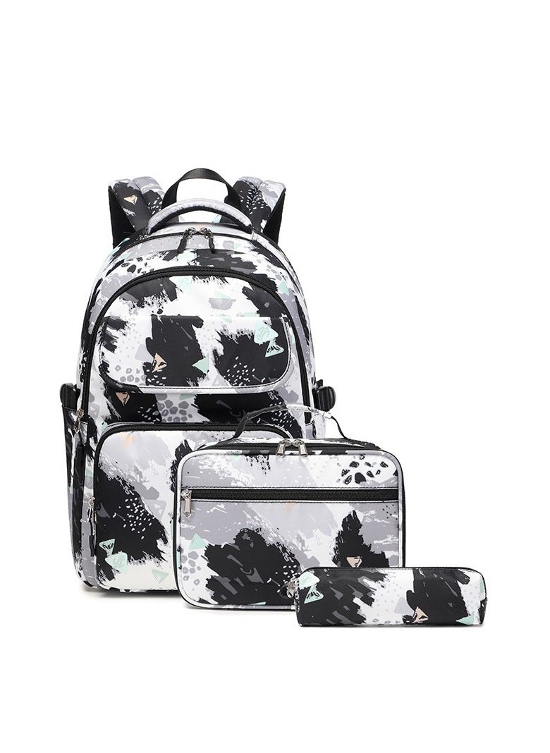 Inkjet Painting Graffiti Backpack for Girls, Contrasting Color Printing, Elementary School Student Backpack, Lightweight Waterproof Backpack 33*43*20CM + Insulated Lunch Bag 25*18*10CM + Pencil Case 20*5*4CM Three-piece Set