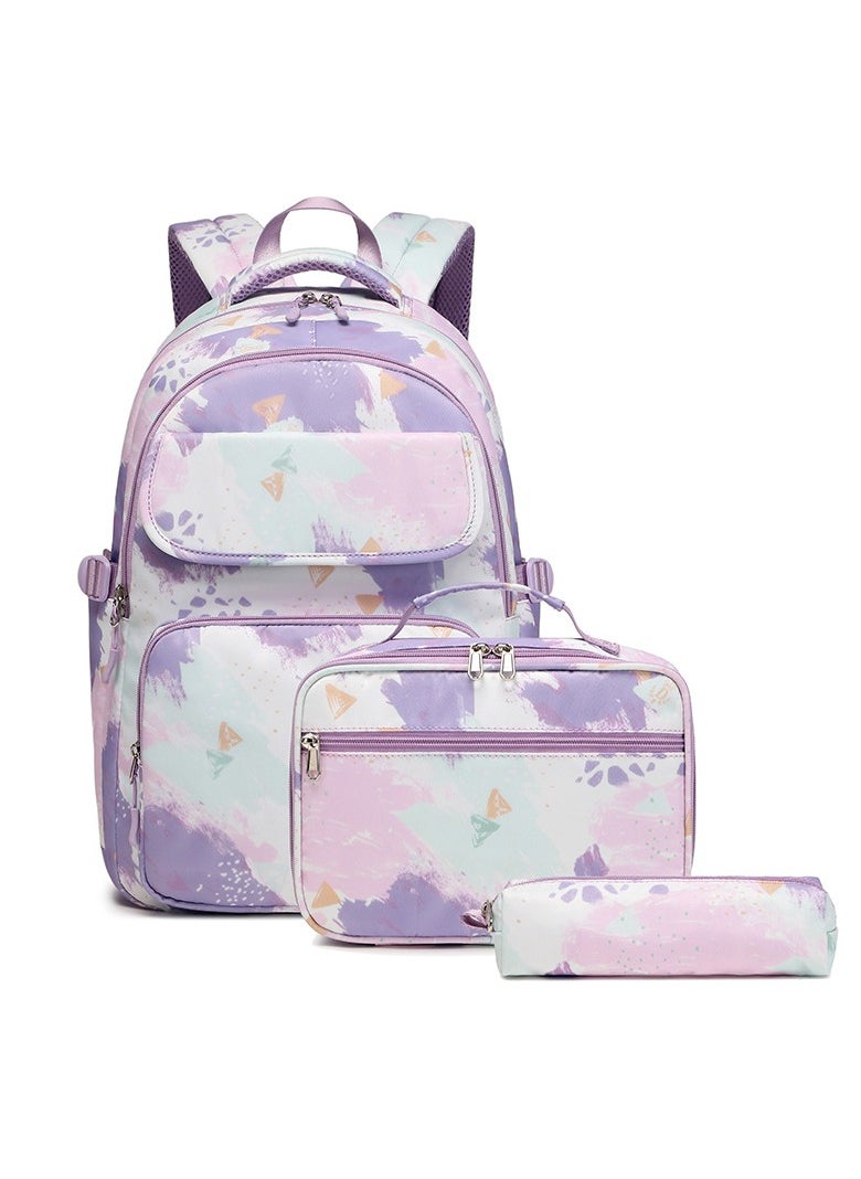 Inkjet Painting Graffiti Backpack for Girls, Contrasting Color Printing, Elementary School Student Backpack, Lightweight Waterproof Backpack 33*43*20CM + Insulated Lunch Bag 25*18*10CM + Pencil Case 20*5*4CM Three-piece Set
