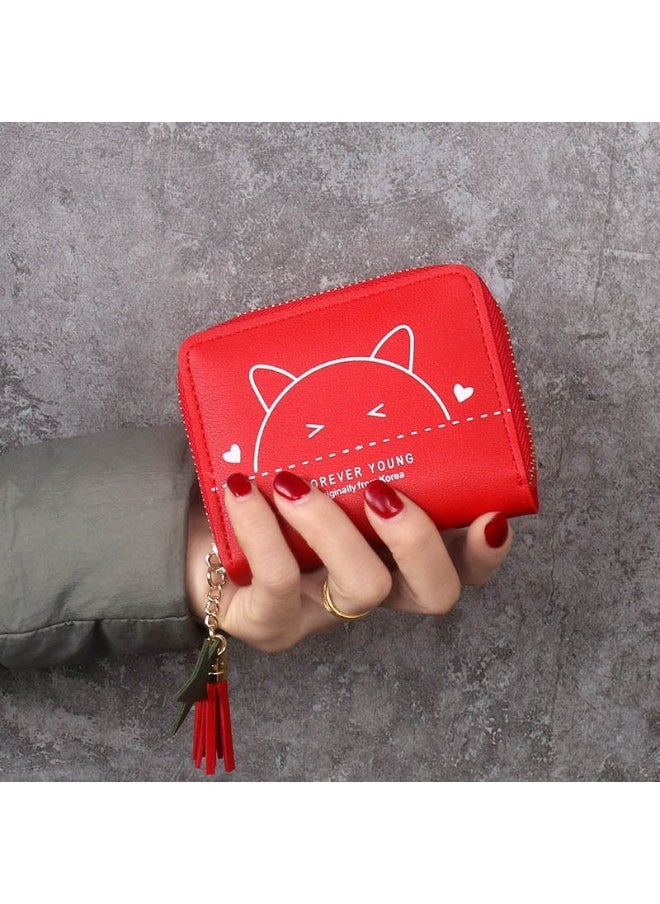 Ladies Cute Cat Pattern Purse Wallet PU Leather Mini Women Wallet Card Holder Organiser Wallet Wristlet Clutch Wallet with Zipper Pocket Coin Purse Phone Wallet with Tassel and Pendant