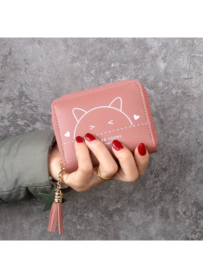 Ladies Cute Cat Pattern Purse Wallet PU Leather Mini Women Wallet Card Holder Organiser Wallet Wristlet Clutch Wallet with Zipper Pocket Coin Purse Phone Wallet with Tassel and Pendant