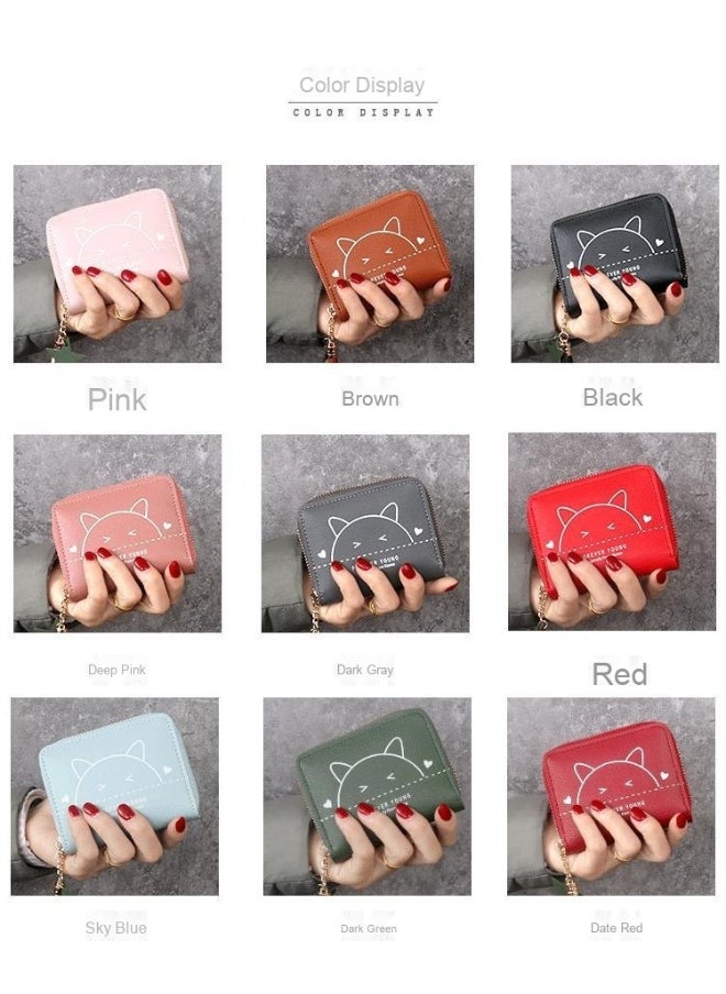 Ladies Cute Cat Pattern Purse Wallet PU Leather Mini Women Wallet Card Holder Organiser Wallet Wristlet Clutch Wallet with Zipper Pocket Coin Purse Phone Wallet with Tassel and Pendant