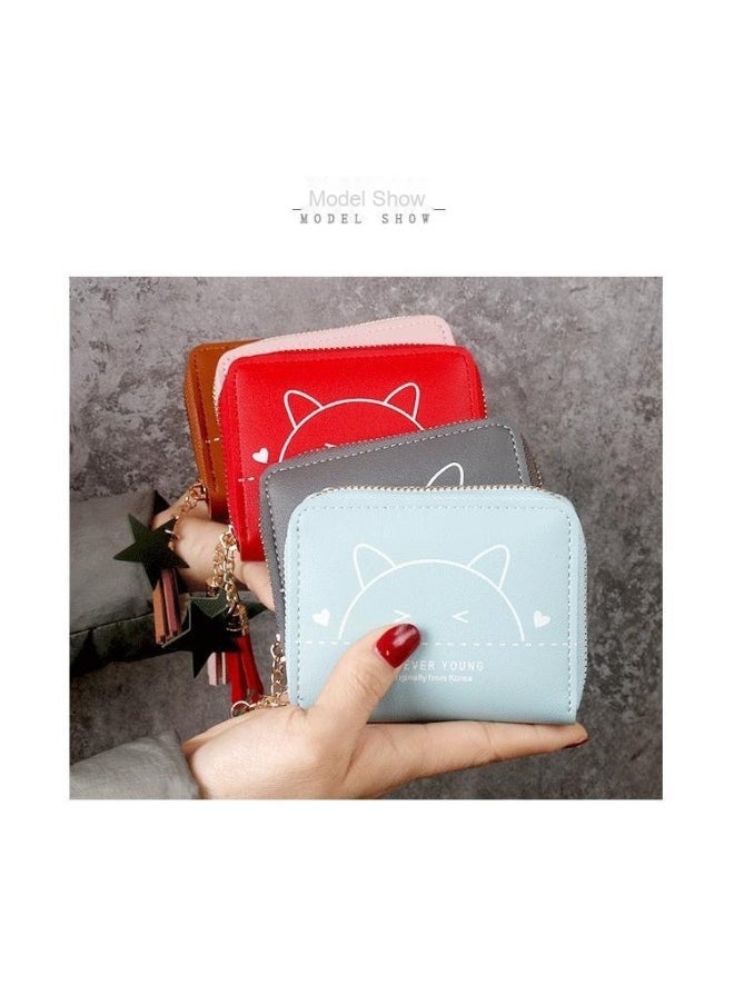 Ladies Cute Cat Pattern Purse Wallet PU Leather Mini Women Wallet Card Holder Organiser Wallet Wristlet Clutch Wallet with Zipper Pocket Coin Purse Phone Wallet with Tassel and Pendant