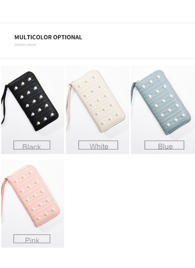Ladies Embroidered Purse Wallet PU Leather Long Women Wallet Card Holder Organiser Wallet Wristlet Clutch Wallet with Zipper Pocket Coin Purse