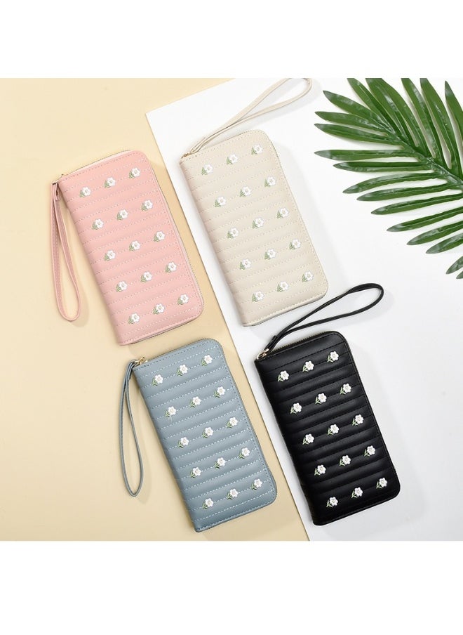 Ladies Embroidered Purse Wallet PU Leather Long Women Wallet Card Holder Organiser Wallet Wristlet Clutch Wallet with Zipper Pocket Coin Purse
