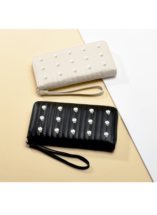Ladies Embroidered Purse Wallet PU Leather Long Women Wallet Card Holder Organiser Wallet Wristlet Clutch Wallet with Zipper Pocket Coin Purse