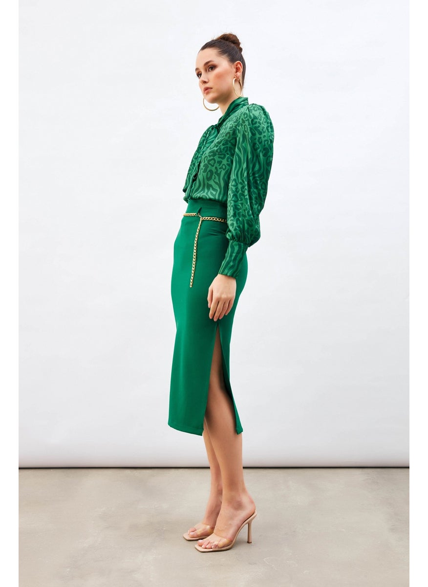 Chain Belt Pencil Skirt - Emerald