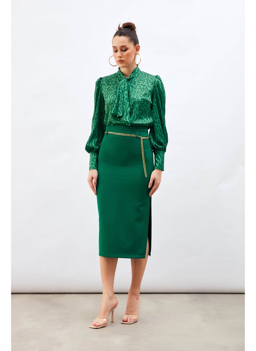 Chain Belt Pencil Skirt - Emerald