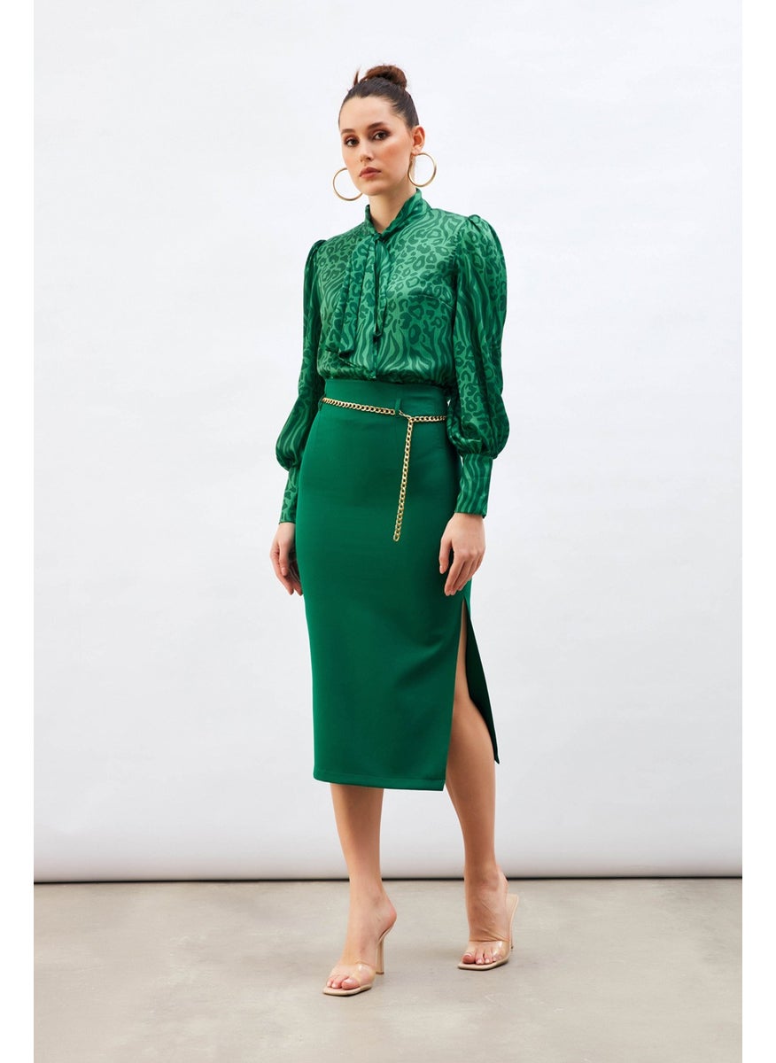 Chain Belt Pencil Skirt - Emerald
