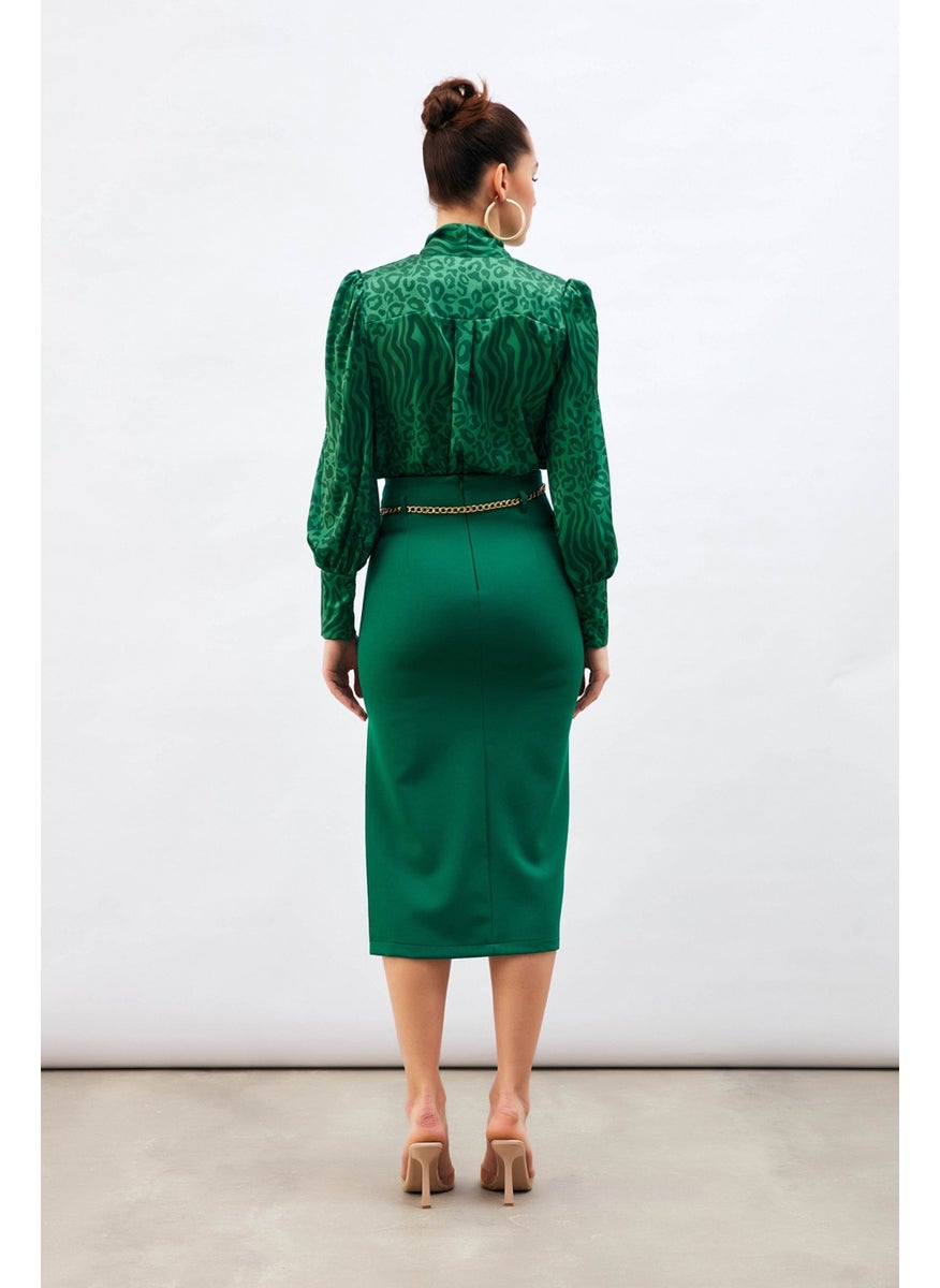 Chain Belt Pencil Skirt - Emerald