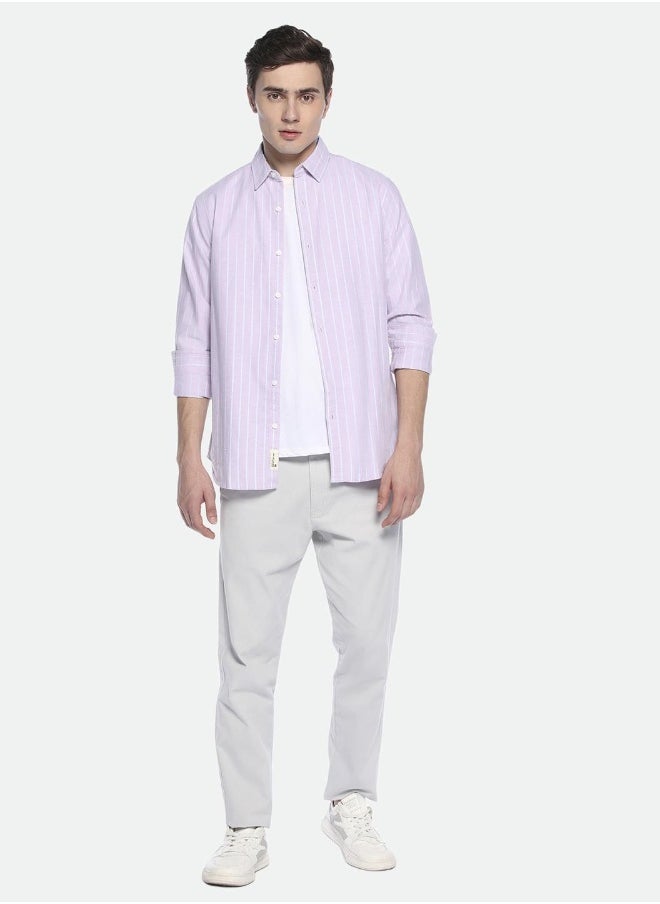 Pink Slim Fit Striped Shirt for Men - Cotton, Full Sleeves, Spread Collar, Casual