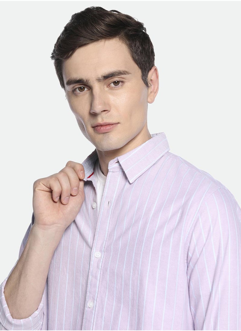 Pink Slim Fit Striped Shirt for Men - Cotton, Full Sleeves, Spread Collar, Casual