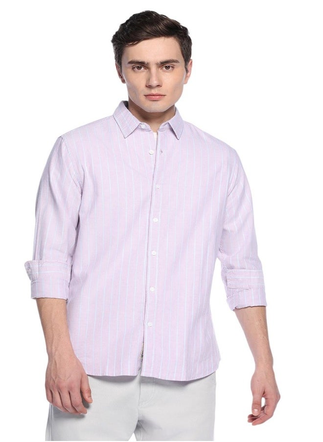 Pink Slim Fit Striped Shirt for Men - Cotton, Full Sleeves, Spread Collar, Casual