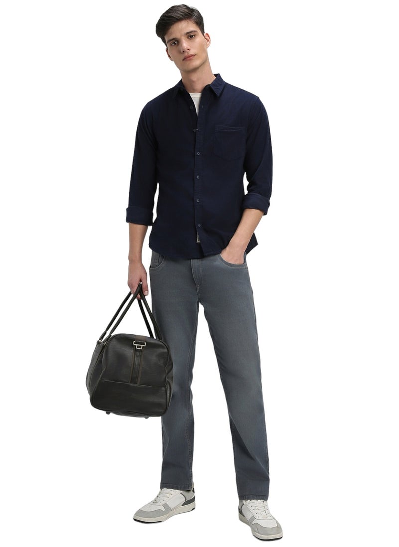 Slim Fit Navy Shirt for Men - 100% Cotton, Solid, Spread Collar, Full Sleeves, Casual Look,