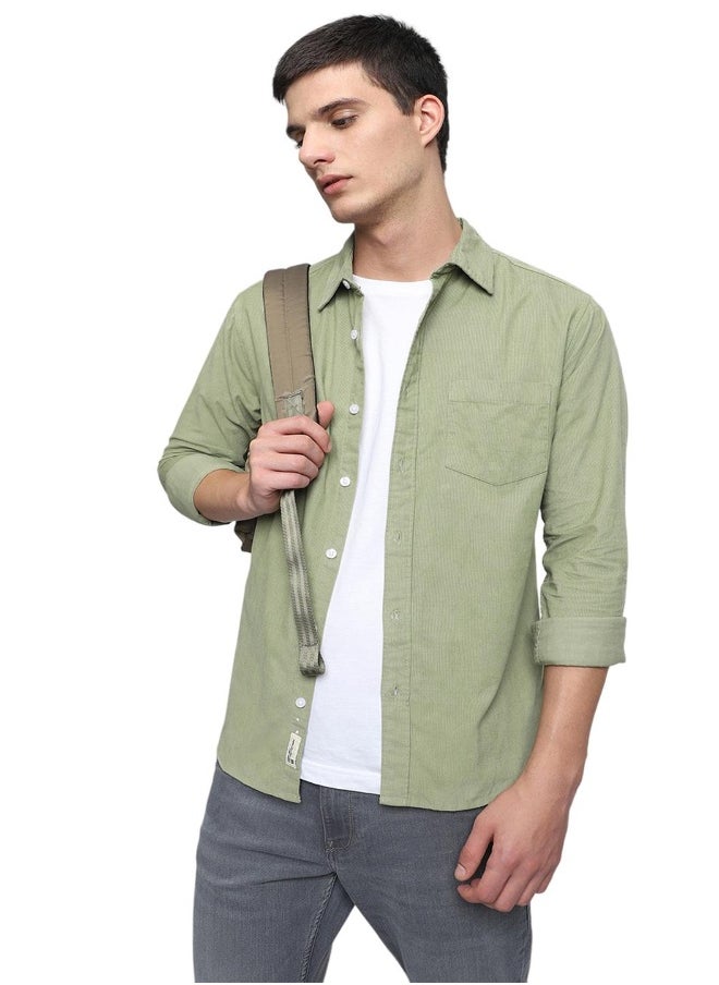 Slim Fit Green Shirt for Men - 100% Cotton, Solid, Spread Collar, Full Sleeves, Casual Look,