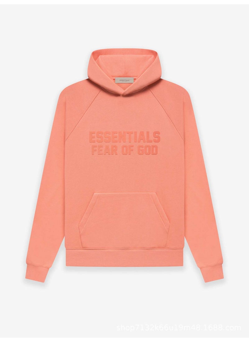 Oversize Hooded Essential Sweatshirt Unisex Trendy Street Style American Fashion High Street Mens European Style Coral Red (fleece-lined)