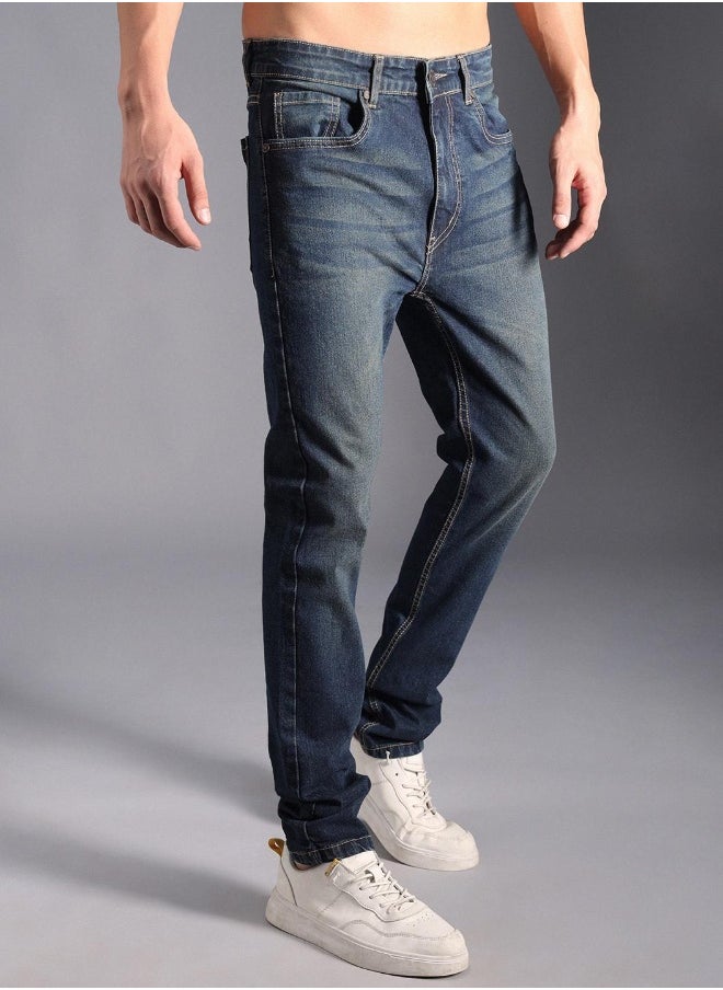 Men's Indigo 100% Cotton Bleached Full Length Tapered Fit Jeans