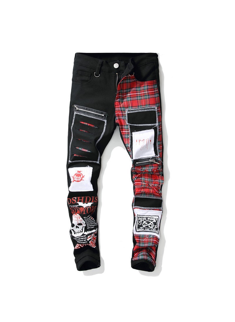 New Arrival 2022 Spring Mens Punk Jeans Spliced Color Block Cotton Trousers Mid Waist Casual Wear For Men 5501 Black