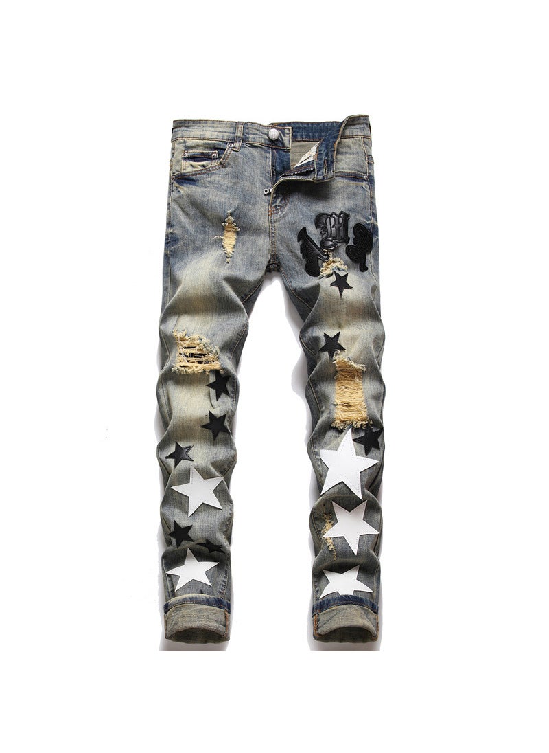 2022 Summer Embroidered Denim Jeans Mens Casual Mid-Rise Indigo