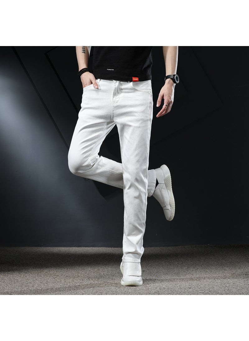 Pure White Men Elastic Slim Fit Small Straight Cylinder Simple Five-Pocket Style Sunshine Boys Spring Autumn Long Pants P321