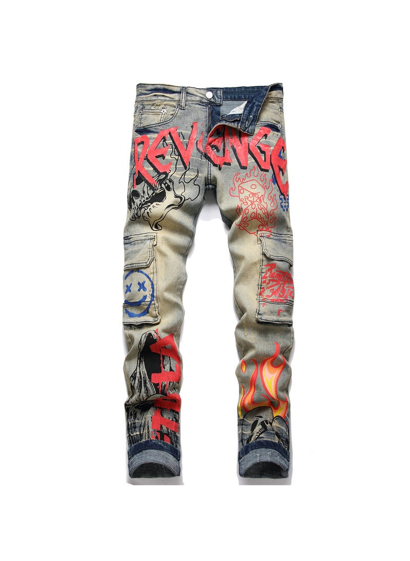 Vintage Punk Blue Multi-Pocket Slim Mens Jeans 3367 Indigo