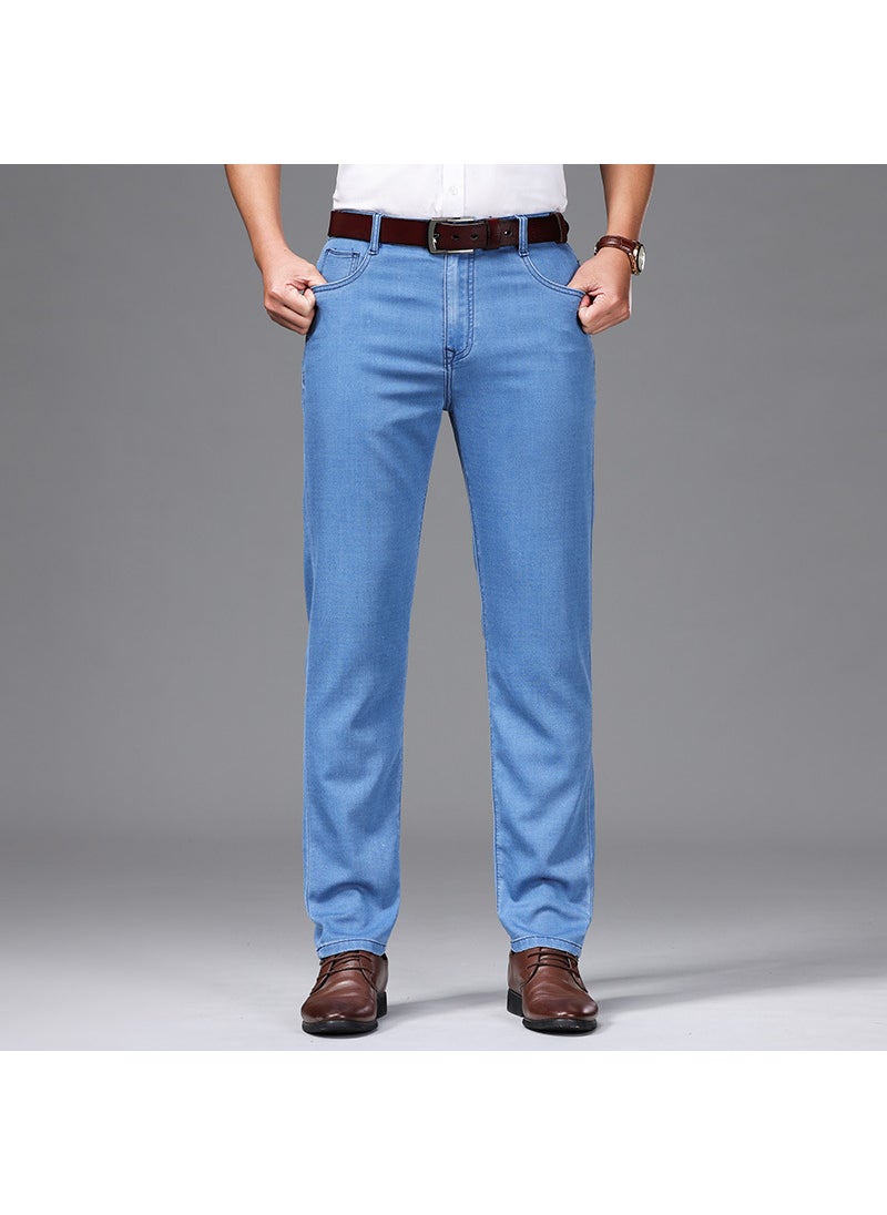 Men High-end Four Seasons Simple Fashion Elastic Versatile Jeans Casual Cotton Straight Cylinder Design Adults 8279B light blue