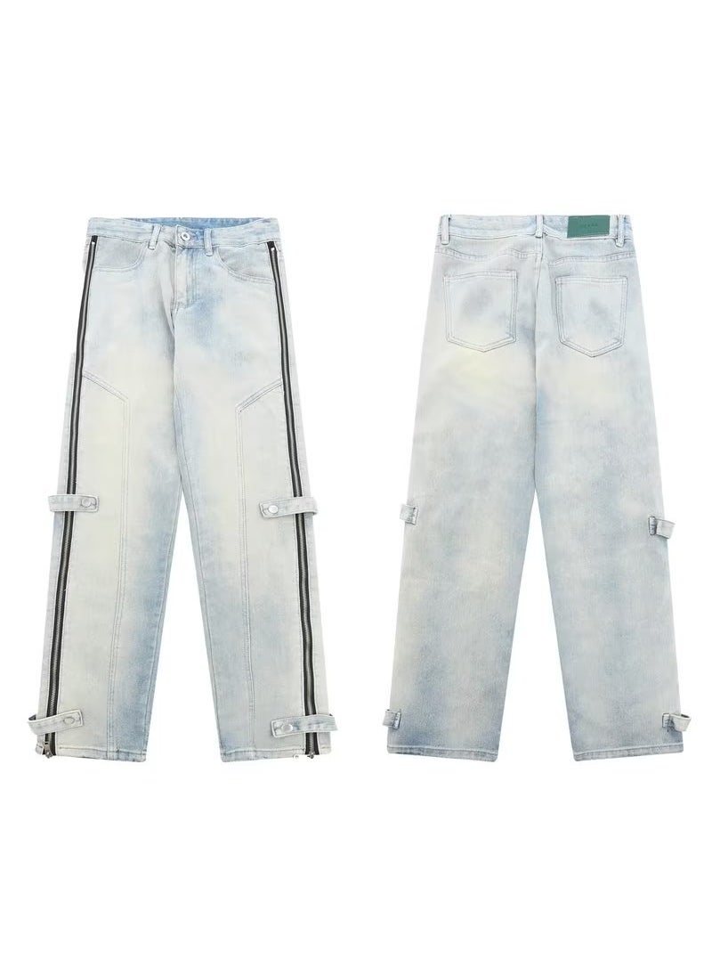 Retro High Street Mens Zipper Denim Workwear Loose Straight Leg Trousers Spring Autumn Trendy Brand Casual Comfortable Jeans Figure Color