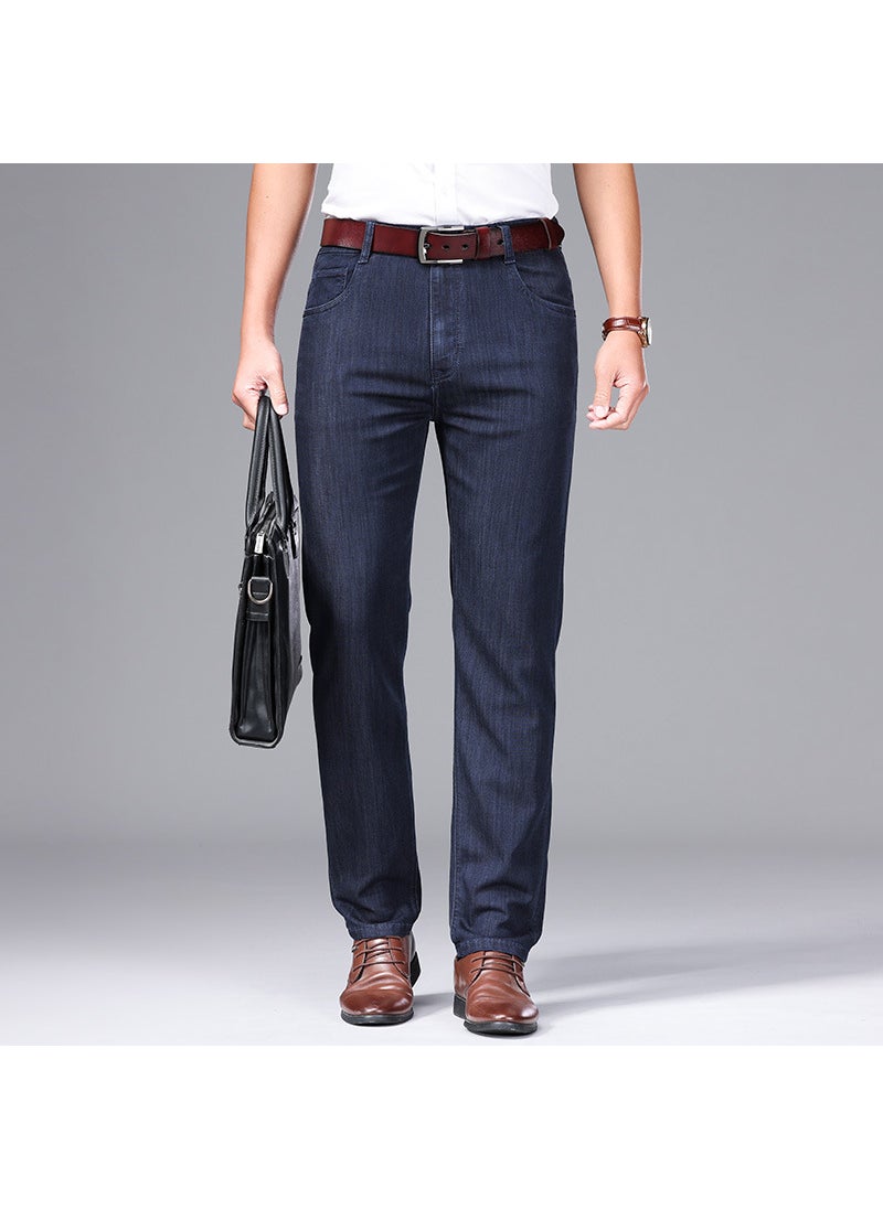 Men High-end Four Seasons Simple Fashion Elastic Versatile Jeans Casual Cotton Straight Cylinder Design Adults 8279B dark blue