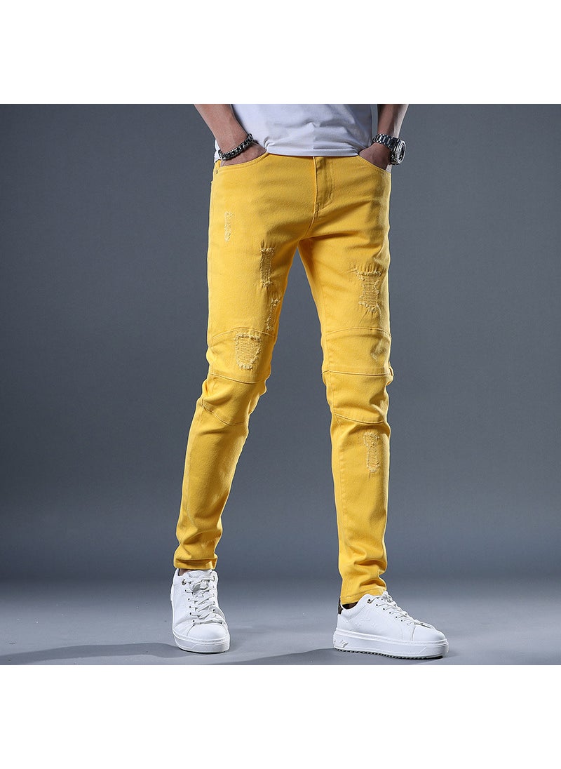 New Mens Jeans Spring Autumn Patchy Hobo Pants Unique Fabric Small Foot Pants Anxi Cottons Korean Style Elasticity Yellow