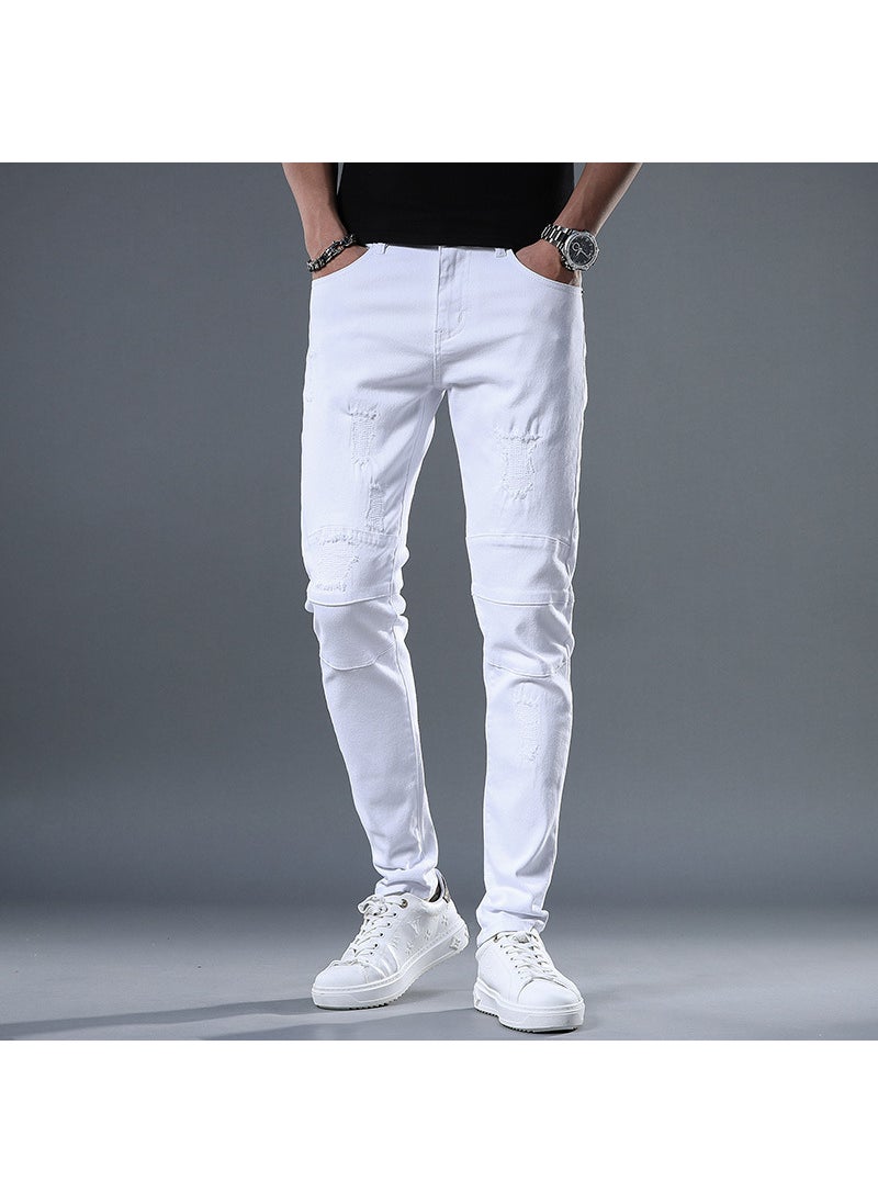 New Mens Jeans Spring Autumn Patchy Hobo Pants Unique Fabric Small Foot Pants Anxi Cottons Korean Style Elasticity White