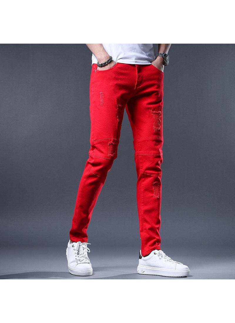 New Mens Jeans Spring Autumn Patchy Hobo Pants Unique Fabric Small Foot Pants Anxi Cottons Korean Style Elasticity Red