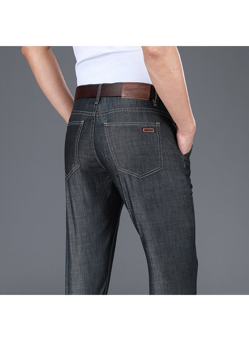 Autumn High-waist Men Jeans Elastic Casual Straight Slim Loose Business Comfortable Mid-aged Pants 8966 Black