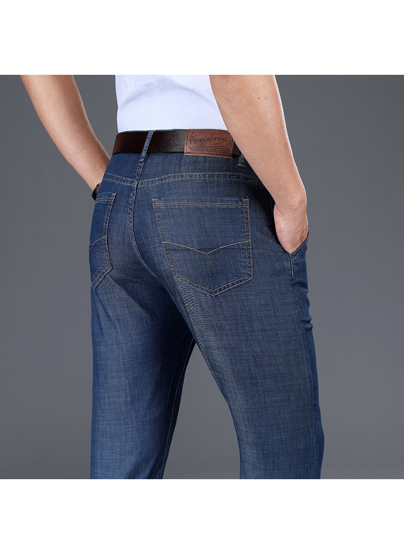 Autumn High-waist Men Jeans Elastic Casual Straight Slim Loose Business Comfortable Mid-aged Pants 8965 dark blue