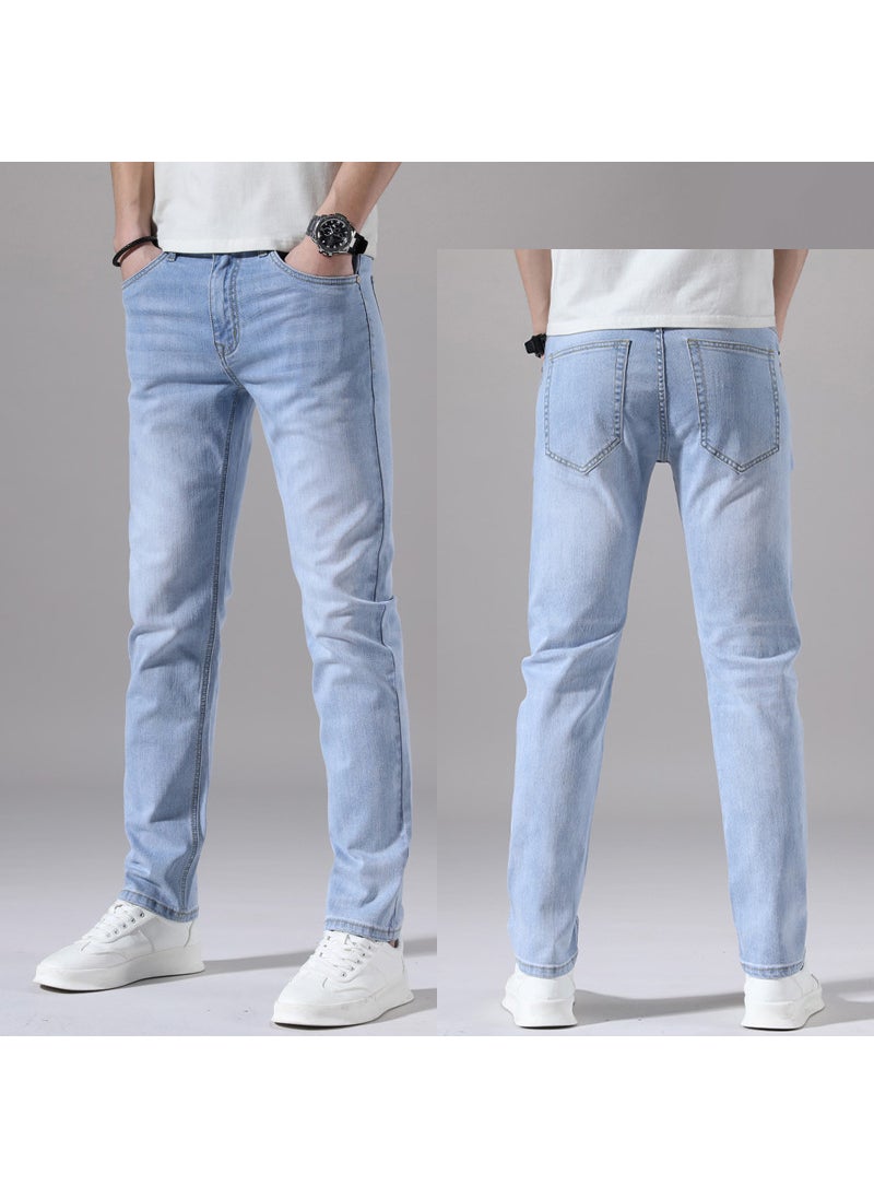 Men Spring Season Fashion Slim Fit Straight Cylinder Elastic Casual Pants Suitable Middle-Aged Young People 1213 light blue