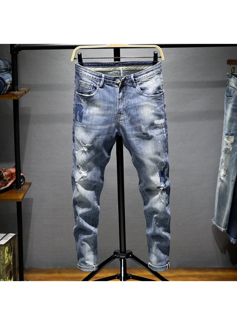 2021 Summer Mens Slim Fit Distressed Jeans Light blue