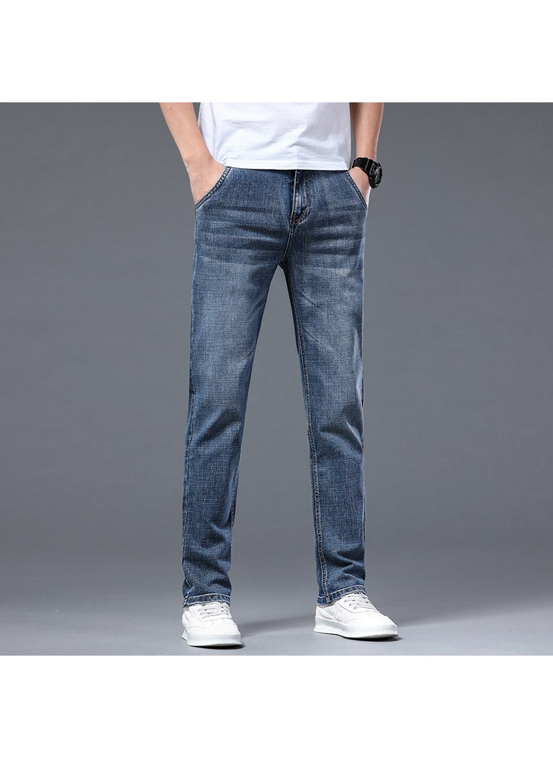 Retro Elastic Men Jeans Mid-aged Fashion Straight Slim Design Casual Silk Cotton Long Pants Loose Style Daily Use 839 Blue Gray