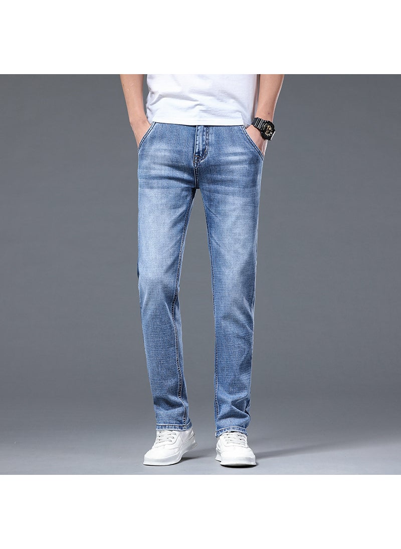 Retro Elastic Men Jeans Mid-aged Fashion Straight Slim Design Casual Silk Cotton Long Pants Loose Style Daily Use 839 vintage blue