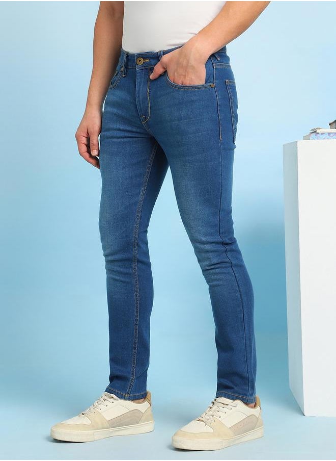 Indigo Cotton Blend Plain/Basic Pattern Slim Fit Fit Jeans for Men Full Length Bottom Body Wear Jeans Button Closure Woven Weave Mid Rise Waist - Perfect for Lifestyle Occasions