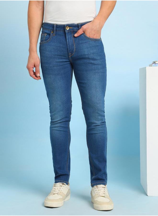 Indigo Cotton Blend Plain/Basic Pattern Slim Fit Fit Jeans for Men Full Length Bottom Body Wear Jeans Button Closure Woven Weave Mid Rise Waist - Perfect for Lifestyle Occasions