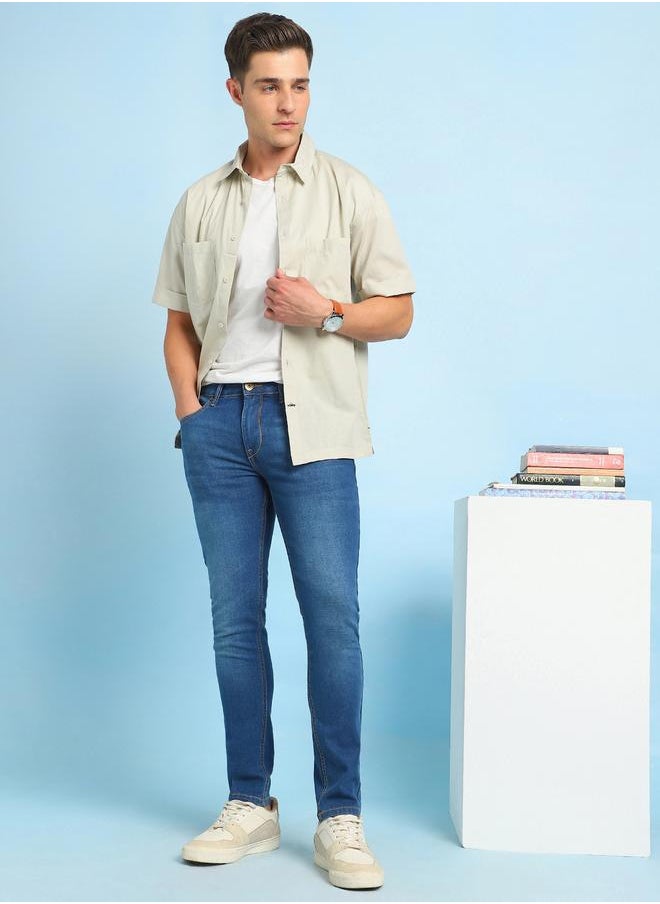 Indigo Cotton Blend Plain/Basic Pattern Slim Fit Fit Jeans for Men Full Length Bottom Body Wear Jeans Button Closure Woven Weave Mid Rise Waist - Perfect for Lifestyle Occasions