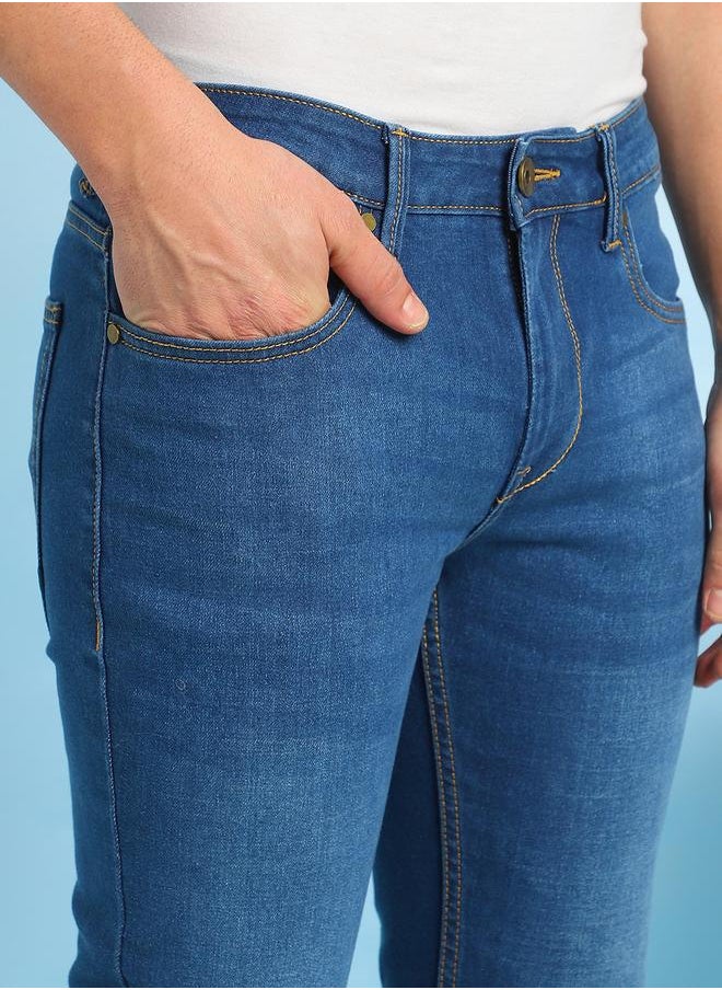 Indigo Cotton Blend Plain/Basic Pattern Slim Fit Fit Jeans for Men Full Length Bottom Body Wear Jeans Button Closure Woven Weave Mid Rise Waist - Perfect for Lifestyle Occasions