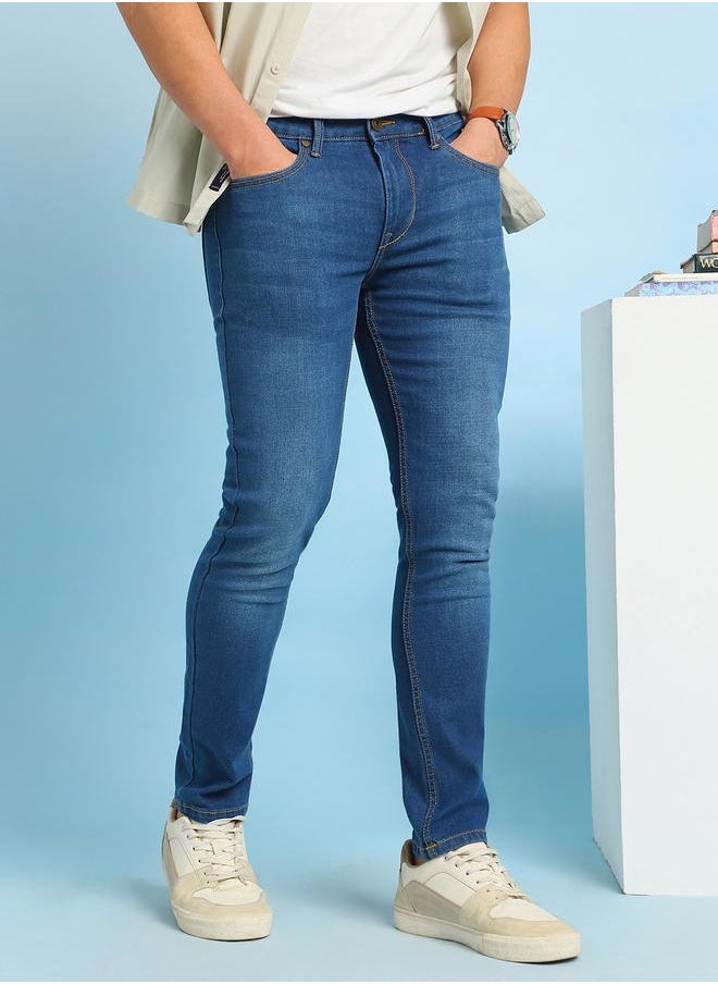 Indigo Cotton Blend Plain/Basic Pattern Slim Fit Fit Jeans for Men Full Length Bottom Body Wear Jeans Button Closure Woven Weave Mid Rise Waist - Perfect for Lifestyle Occasions