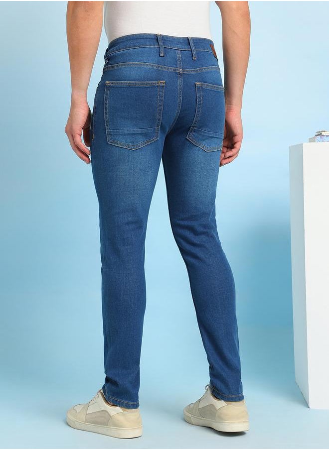 Indigo Cotton Blend Plain/Basic Pattern Slim Fit Fit Jeans for Men Full Length Bottom Body Wear Jeans Button Closure Woven Weave Mid Rise Waist - Perfect for Lifestyle Occasions