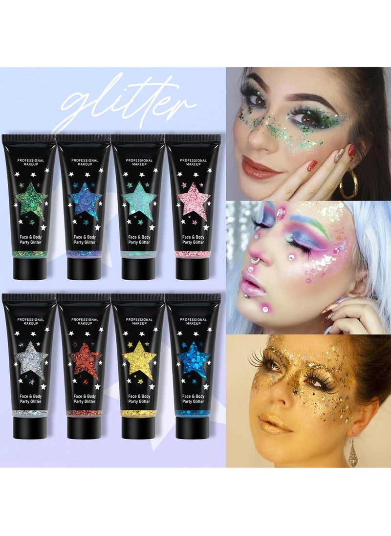 8 PCS Face & Body Glitter Gel Set - Mermaid Flakes Chunky Sequins for Eyes, Lips, Hair, Nails, 30ml - Festival Chunky Glitter Accessory