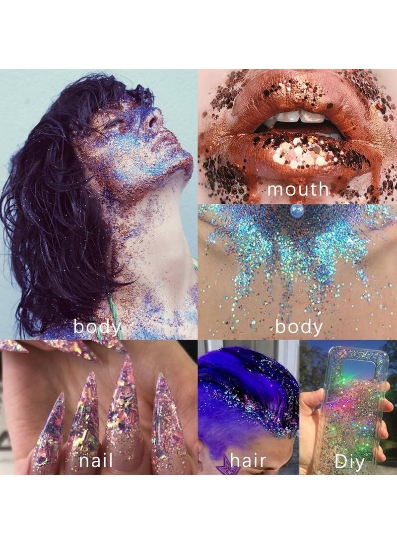 8 PCS Face & Body Glitter Gel Set - Mermaid Flakes Chunky Sequins for Eyes, Lips, Hair, Nails, 30ml - Festival Chunky Glitter Accessory