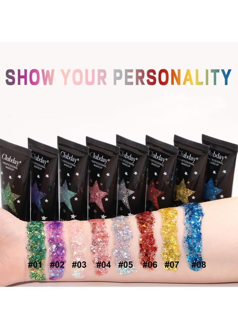 8 PCS Face & Body Glitter Gel Set - Mermaid Flakes Chunky Sequins for Eyes, Lips, Hair, Nails, 30ml - Festival Chunky Glitter Accessory