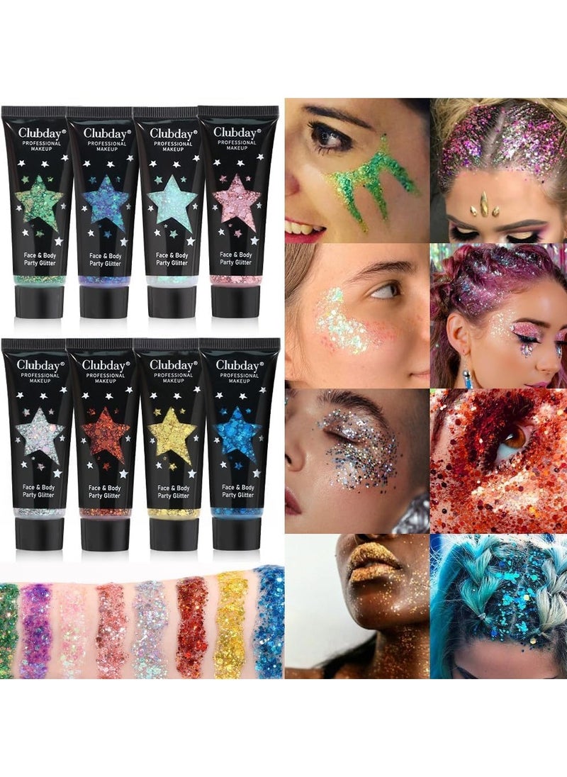 8 PCS Face & Body Glitter Gel Set - Mermaid Flakes Chunky Sequins for Eyes, Lips, Hair, Nails, 30ml - Festival Chunky Glitter Accessory