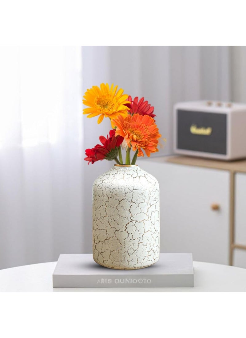 BEHOMA Metal Flower Vase For Home Decor Bedroom Living Room Office Wedding Table Decorative Item For Festivals Birthday OffWhite Crackled 1Pcs105 X 157 Cm Flower Not Included Modern