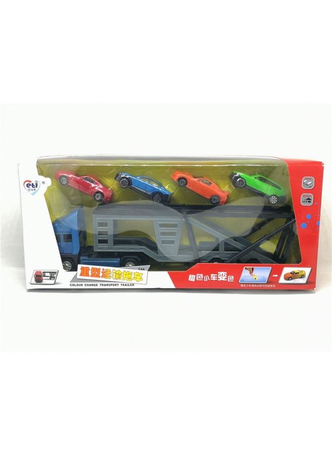 Children's Love Children's Toy Color Changing Car Alloy Sliding Heavy-duty Flat Car Double-deck Transporter Set-Color:Blue