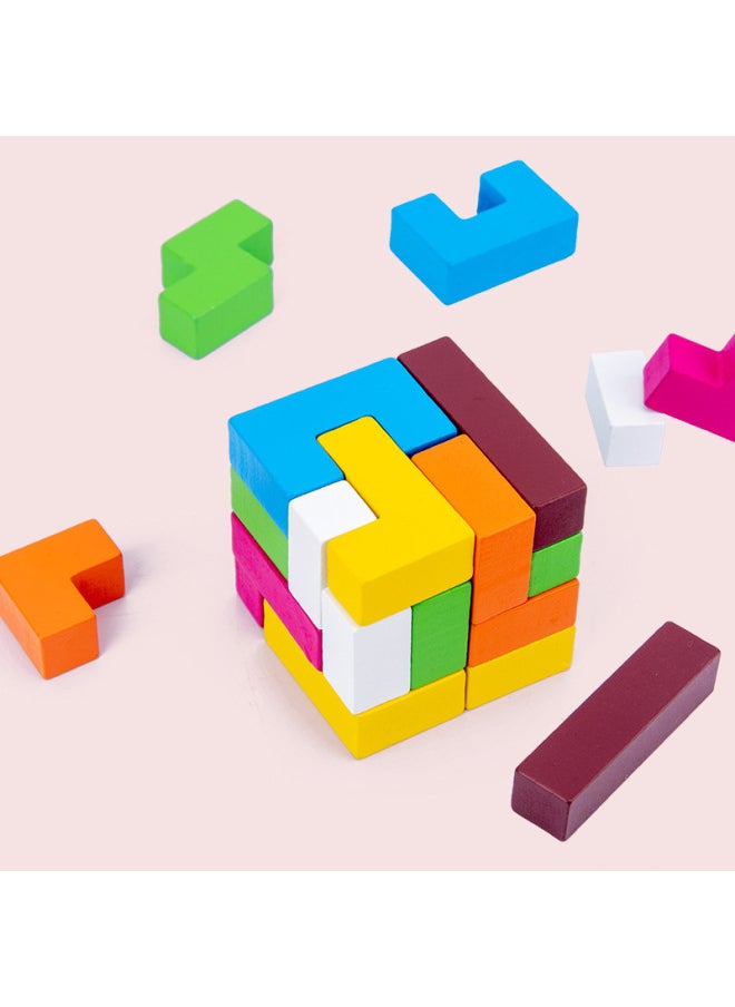 Wooden Colorful Box Tetris Building Blocks Puzzle Children's Educational Toys Geometric Three-dimensional Puzzle Building Blocks Wholesale-Color:Russian Building Blocks